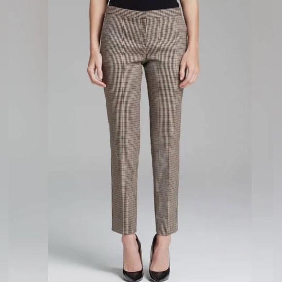 Theory Cropped Intrigue Pants Plaid Wool Brown Tan Checkered Ankle Trouser - Picture 1 of 11